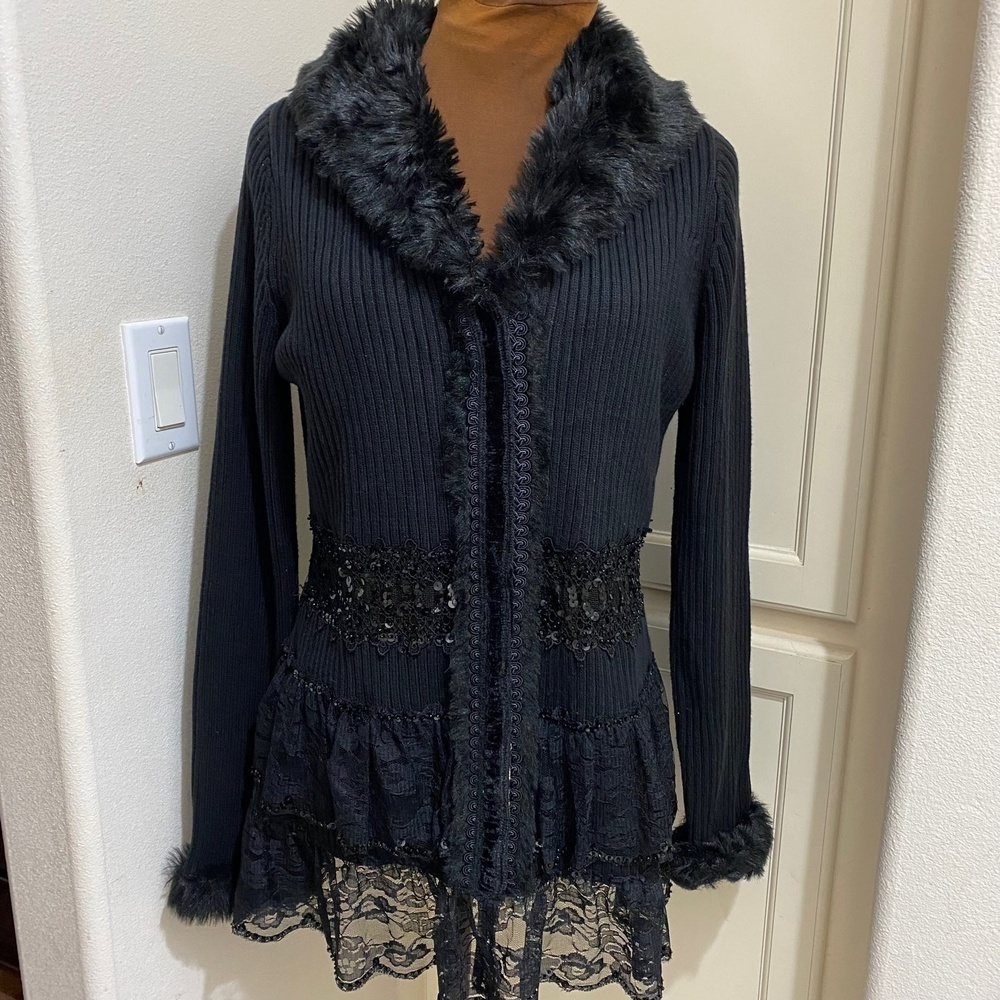 Vintage Storybook Knits Lace Sequins Faux Fur Cardigan Sweater Size Medium